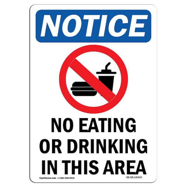 Safety Sign, OSHA Notice, 5" Height, No Eating Or Drinking Sign With Symbol, Portrait, 10PK